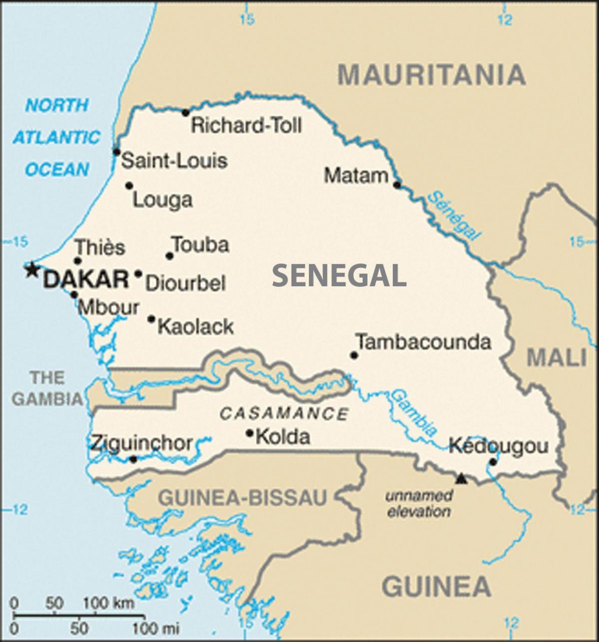 kort over Senegal og de omkringliggende lande